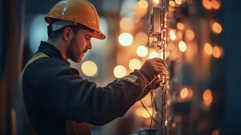 Electrician in a hard hat working on wiring