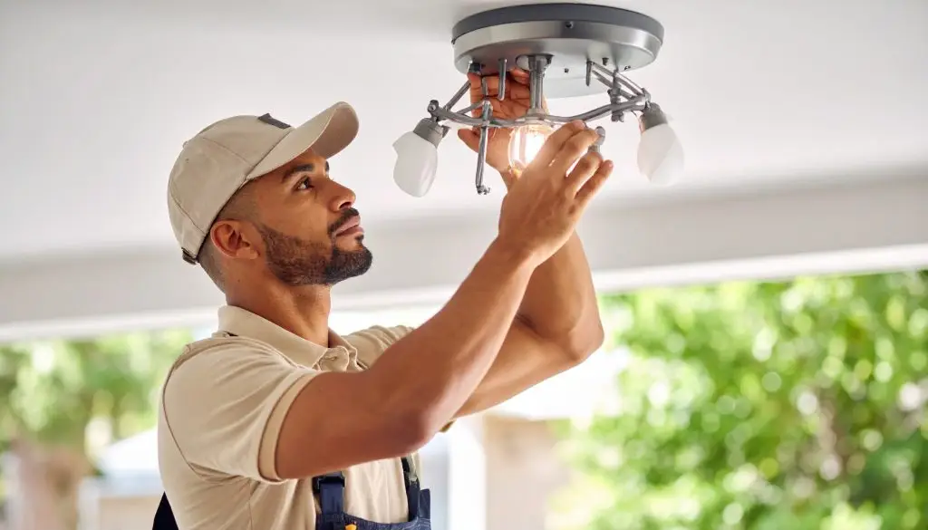 Technician installing ceiling light fixture in modern home interior, with natural light and greenery outside, showing careful work and attention to detail