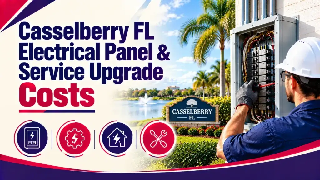 Electrician in a hard hat working inside an open breaker panel beside a Casselberry FL sign, next to the title "Casselberry FL Electrical Panel & Service Upgrade Costs"