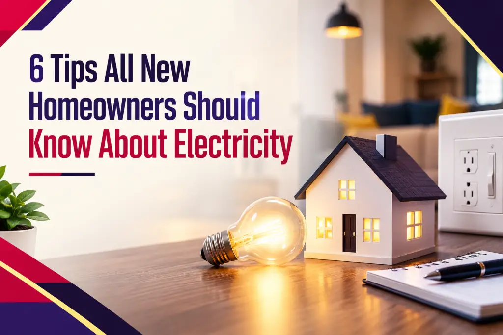 Glowing light bulb next to a small model house and a wall outlet, beside the title "6 Tips All New Homeowners Should Know About Electricity"