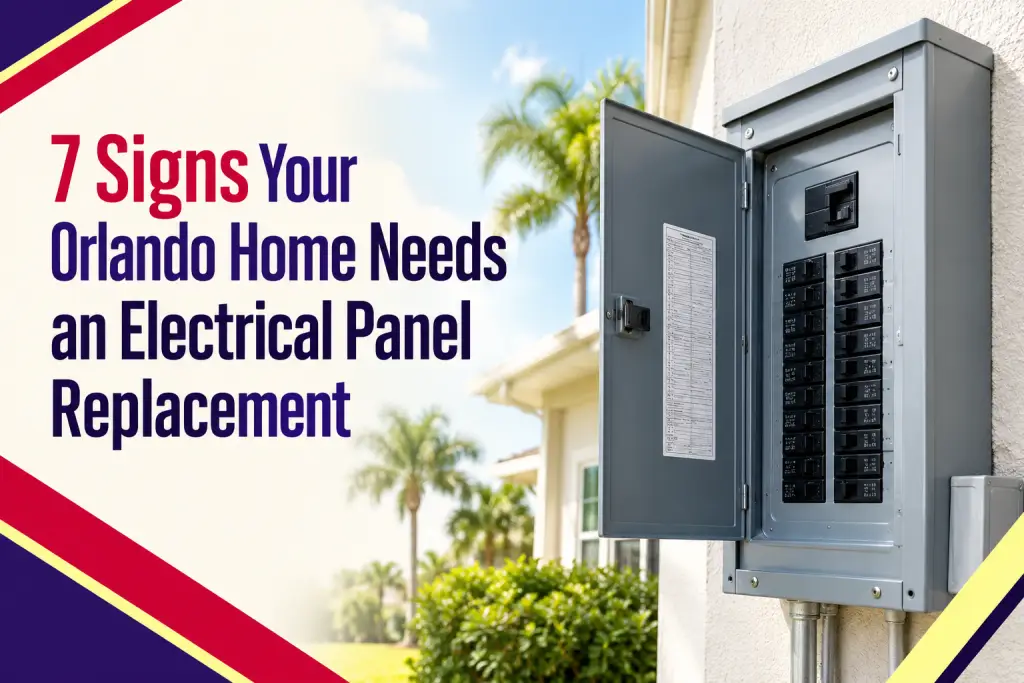 Gray breaker panel with its door open on the outside wall of a Florida home, beside the title "7 Signs Your Orlando Home Needs an Electrical Panel Replacement"