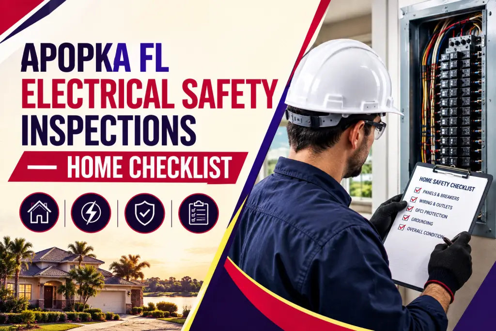 Electrician in a hard hat filling in a home safety checklist in front of an open panel, beside the title "Apopka FL Electrical Safety Inspections: Home Checklist"