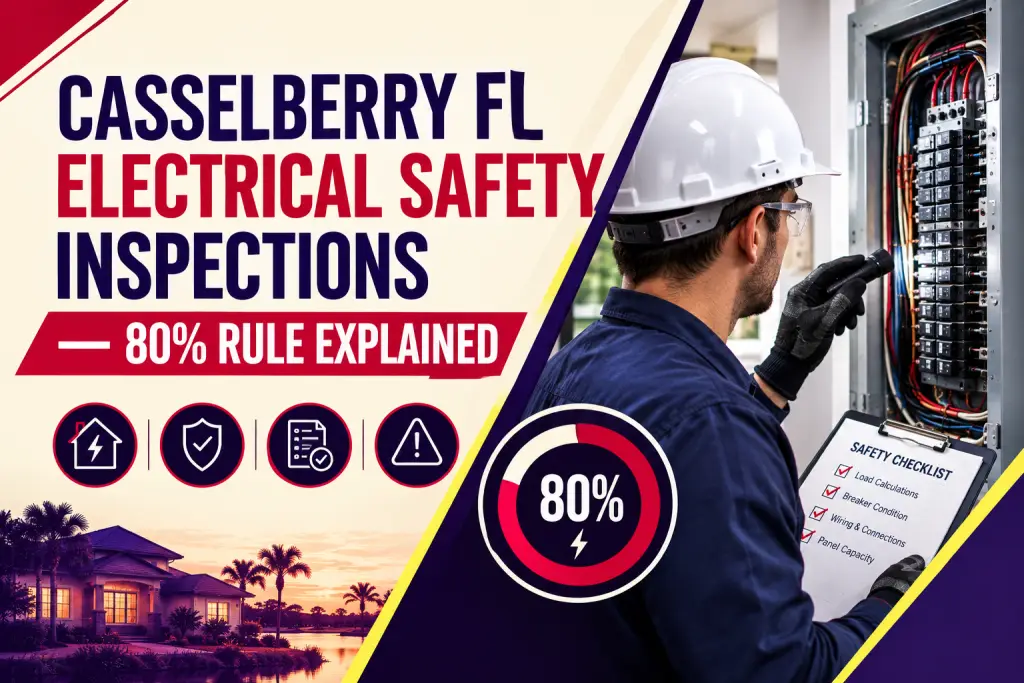 Electrician in a hard hat checking a panel with a safety checklist and an 80% badge, beside the title "Casselberry FL Electrical Safety Inspections: 80% Rule Explained"