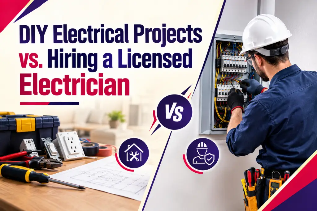 Electrician working in an open panel next to a table of DIY tools, beside the title "DIY Electrical Projects vs. Hiring a Licensed Electrician"