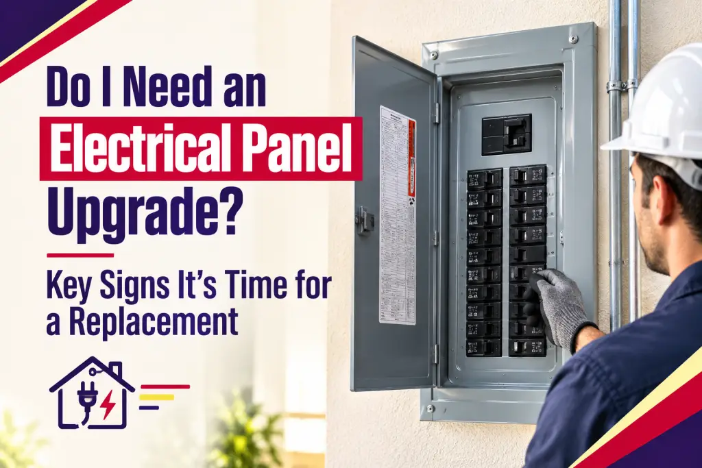 Electrician in a hard hat checking the breakers in an open panel, beside the title "Do I Need an Electrical Panel Upgrade?"