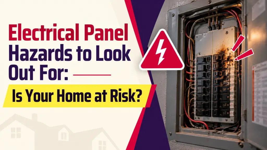 Open breaker panel with scorch marks around a burned breaker and a warning symbol, beside the title "Electrical Panel Hazards to Look Out For"