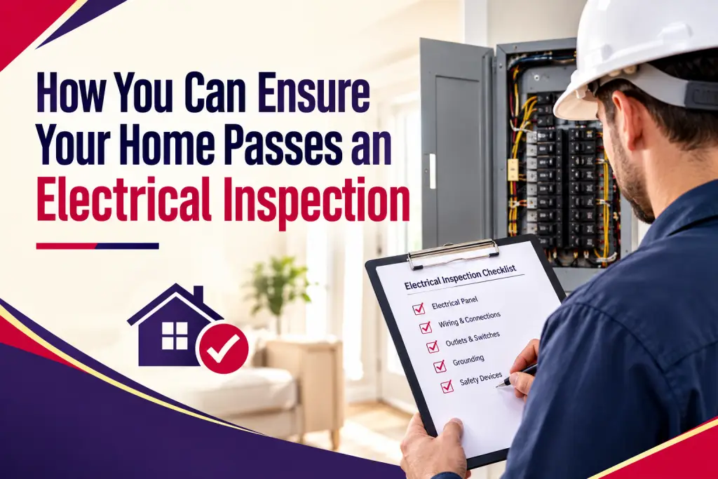 Electrician in a hard hat filling in an electrical inspection checklist in front of an open panel, beside the title "How You Can Ensure Your Home Passes an Electrical Inspection"