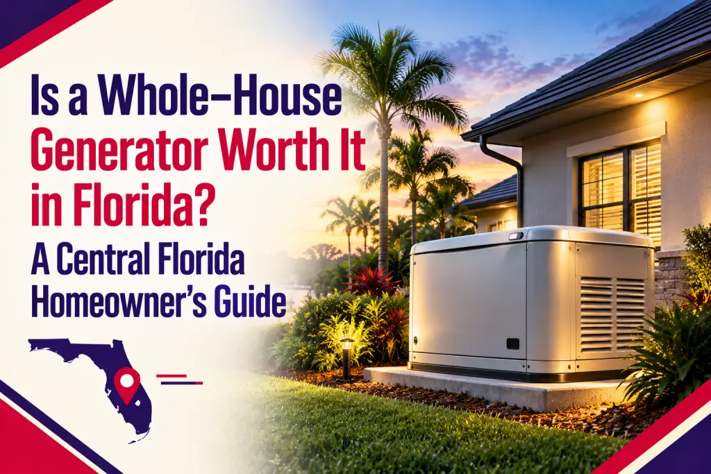 Standby generator on a concrete pad beside a Florida home at sunset, with the title "Is a Whole-House Generator Worth It in Florida?"