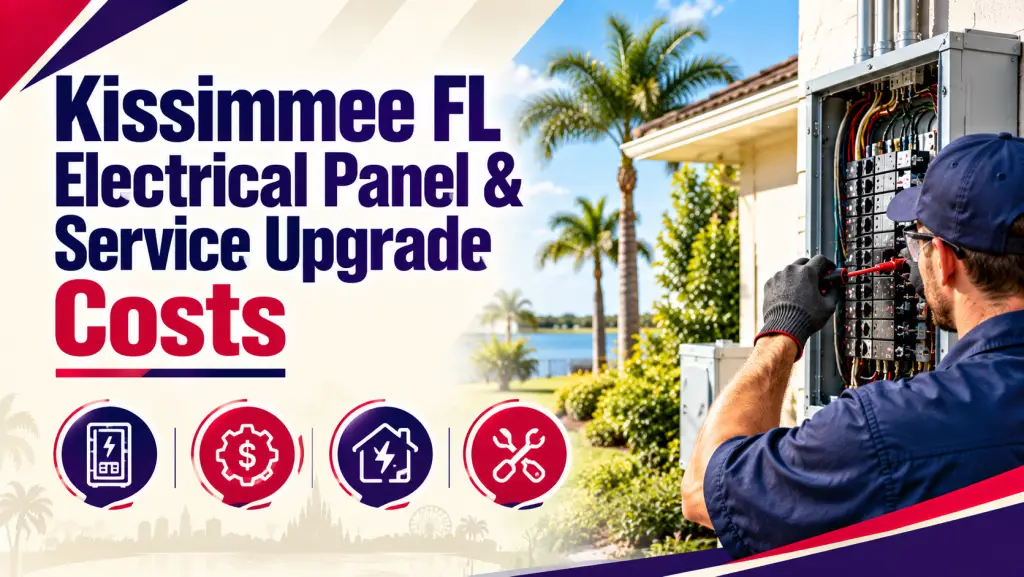 Electrician testing wiring in an outdoor panel with palm trees and a lake behind, beside the title "Kissimmee FL Electrical Panel & Service Upgrade Costs"