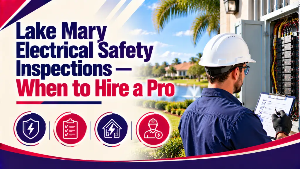 Electrician with a clipboard checking an open outdoor panel, beside the title "Lake Mary Electrical Safety Inspections: When to Hire a Pro"