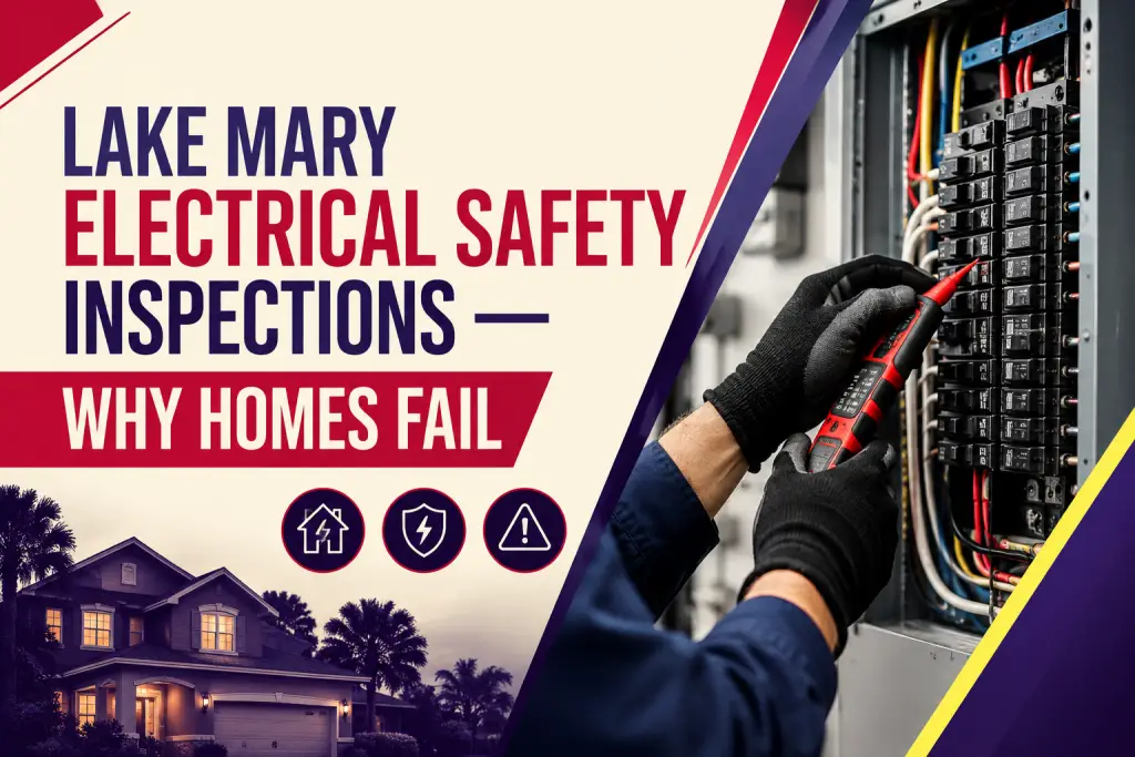 Gloved hands testing a breaker panel with a voltage tester, beside the title "Lake Mary Electrical Safety Inspections: Why Homes Fail"