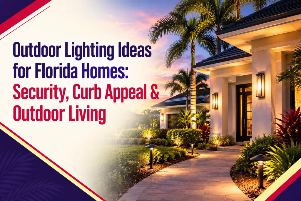Florida home at dusk with wall lanterns and path lights along a curved walkway, beside the title "Outdoor Lighting Ideas for Florida Homes"