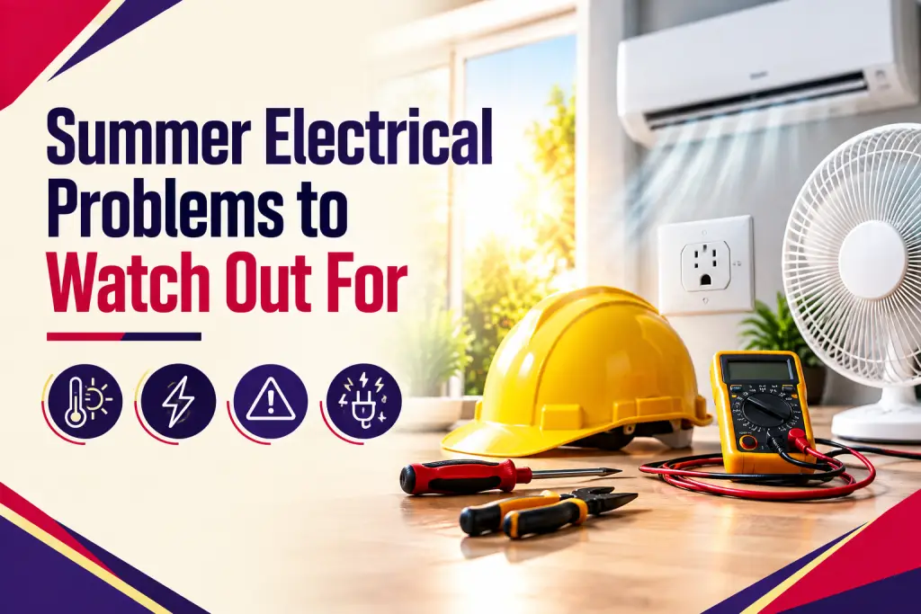 Wall air conditioner, fan, hard hat and multimeter on a table, beside the title "Summer Electrical Problems to Watch Out For"