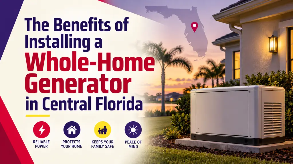 Whole-home standby generator next to a Central Florida house at sunset, beside the title "The Benefits of Installing a Whole-Home Generator in Central Florida"
