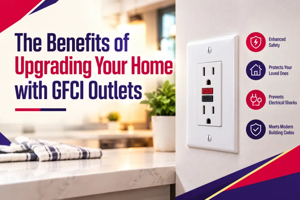 GFCI outlet with test and reset buttons on a kitchen wall, beside the title "The Benefits of Upgrading Your Home with GFCI Outlets"