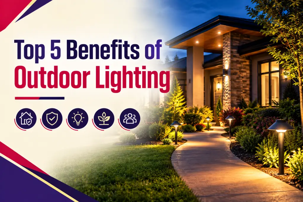 Stone-front home at dusk with lit path lights and porch lights, beside the title "Top 5 Benefits of Outdoor Lighting"