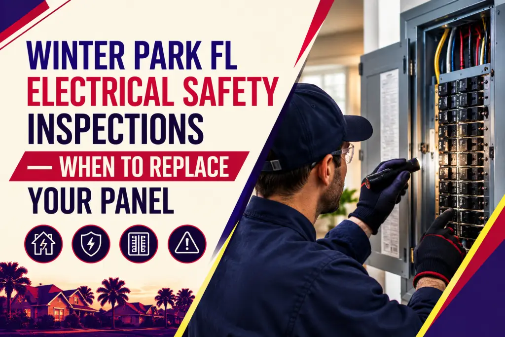 Electrician in a cap shining a flashlight into an open breaker panel, beside the title "Winter Park FL Electrical Safety Inspections: When to Replace Your Panel"