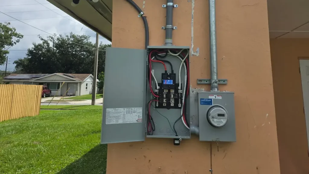 Gray breaker panel with its door open beside the electric meter on the outside wall of a Central Florida home